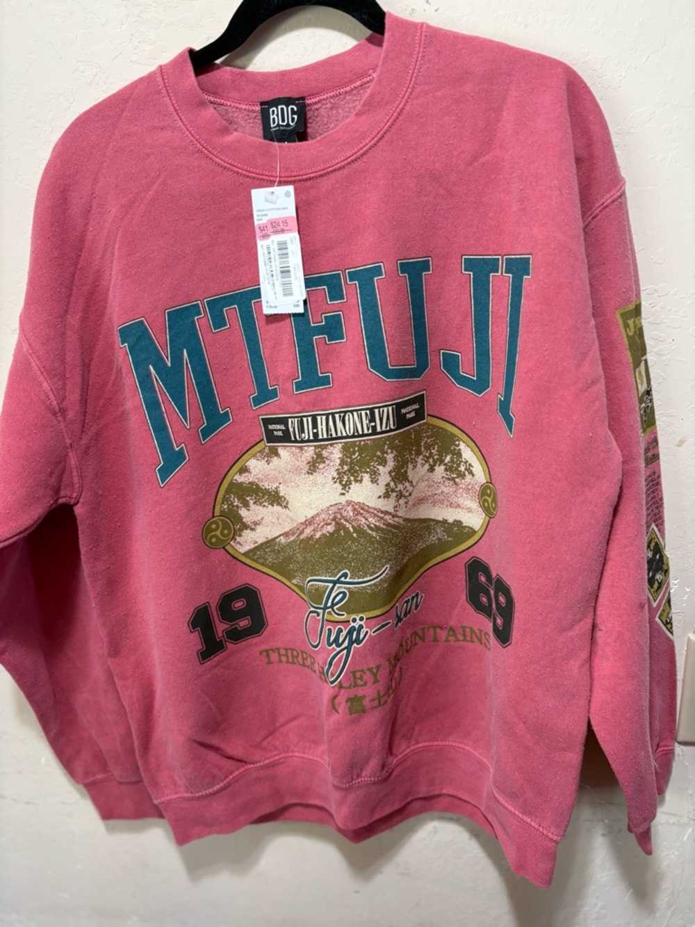 BDG Pink Crewneck Sweatshirt with Teal and Gold Graphic
